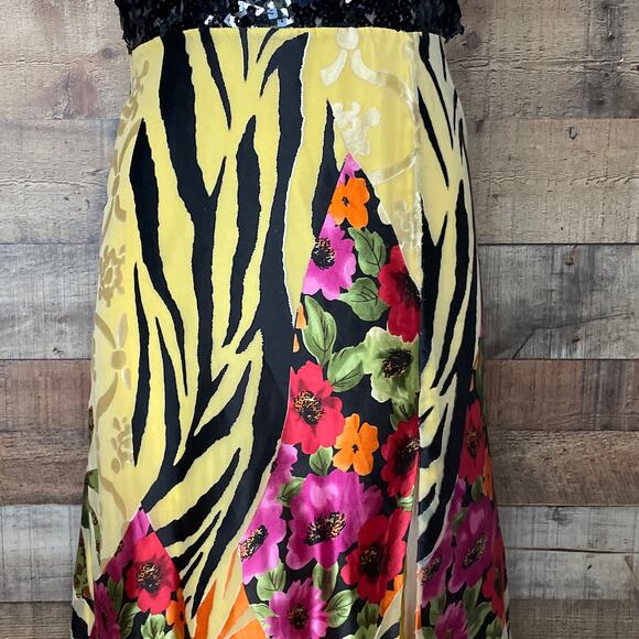 Paris Tony Bowls Yellow Floral Tiger Plunging Neck Sequin Silk Gown Dress Size 8 - Picture 6 of 14